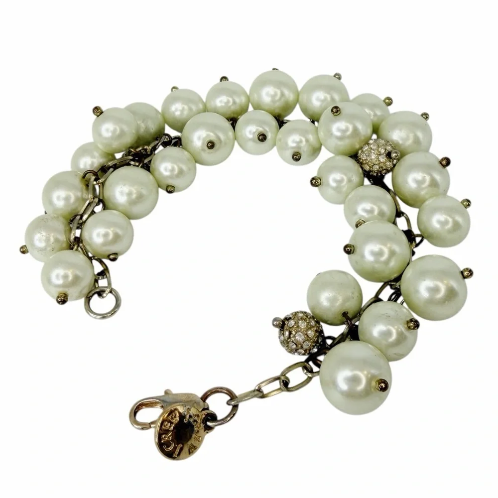 J Crew Faux Pearl and Rhinestone Cluster Dangle Bracelet 8 Inch w Dust Bag